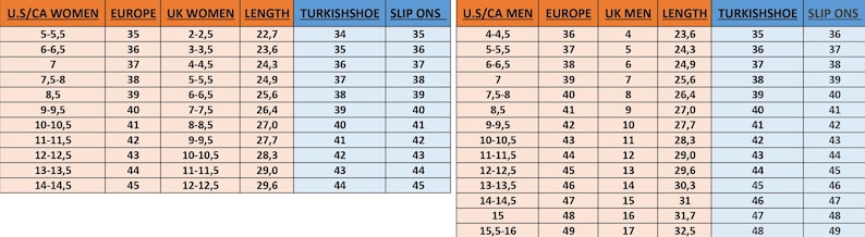 May include: A chart comparing shoe sizes for women and men in US/CA, UK, Europe, Turkish Shoe, and Slip Ons. The chart includes measurements in inches and centimeters.
