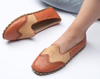 WOMEN TURKISH SHOES , Barefoot Leather Handmade Classic Yemeni , Colorful, Slip-On , Organic Dye Loafers , Natural