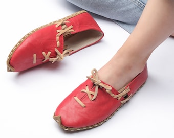 WOMEN RED YEMENI SH0ES - Barefoot Shoes - Thong Yemeni Loafers - Lace Up Sandals - Turkish Yemeni Shoes - Women Spring Shoes - Organic Dye