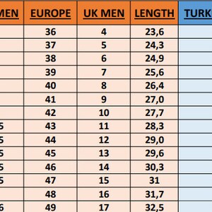 May include: A chart comparing men's shoe sizes in US/CA, European, UK, and Turkish sizing systems. The chart shows the corresponding sizes for each system, along with the length of the foot in inches and centimeters.