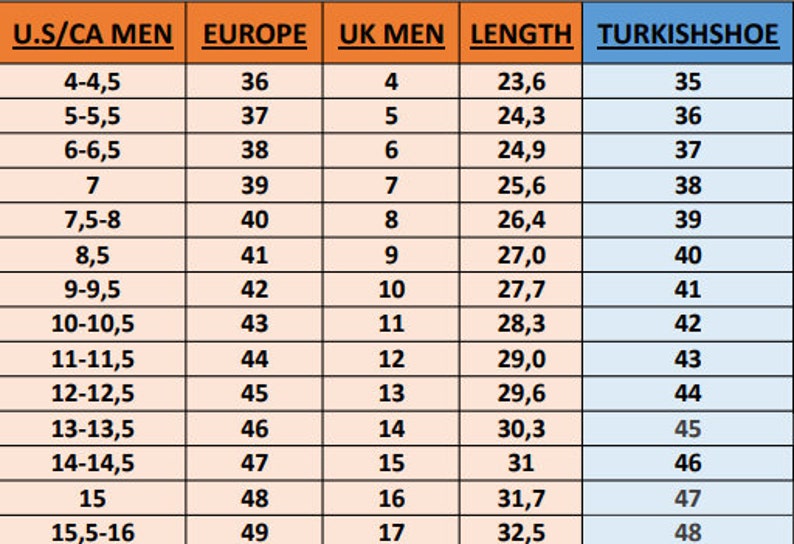 May include: A chart comparing men's shoe sizes in US/CA, European, UK, and Turkish sizing systems. The chart shows the corresponding sizes for each system, along with the length of the foot in inches and centimeters.