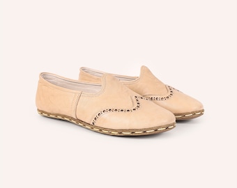 Handmade Beige Leather Yemeni Shoes | Turkish Barefoot Shoes