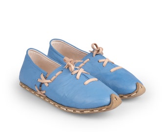 BLUE TURKISH SH0ES - Thong Yemeni Loafers - Lace Up Sandals - Turkish Yemen Shoes - Women Vintage Shoes - Organic Dye Loafers