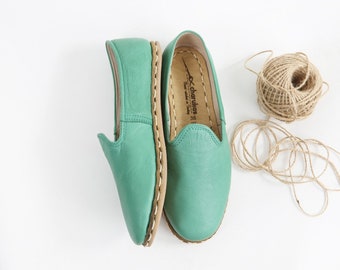 Mint Green Loafers from Genuine Leather Organic Dye Barefoot Slip Ons Healthy Comfort Shoes in Unisex Style Simple Turkish Yemen Footwear