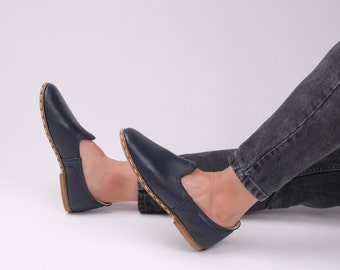 Handmade Navy Blue Leather Loafers, Turkish Yemeni Shoes