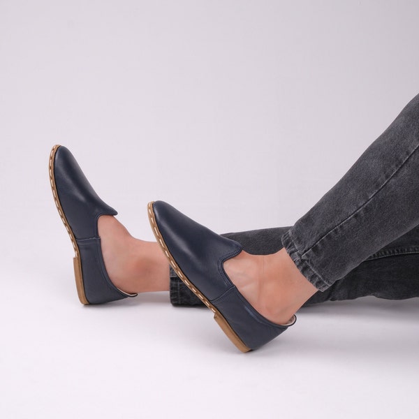Navy Blue Barefoot Shoes , Turkish Yemeni Shoes , Handmade Leather Loafers , Grounding Flat Shoes , Genuine Leather , Colorful