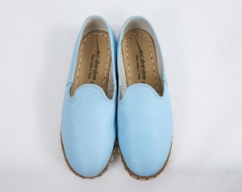 Light Blue Leather Loafers, Unisex Turkish Yemen Slip-Ons