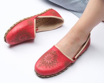 Mocasines rojos de piel turca para mujer, zapatos yemeníes hechos a mano