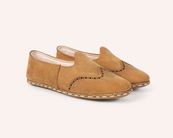 Handcrafted Nubuck Tan Yemeni Shoes | Turkish Leather Loafers