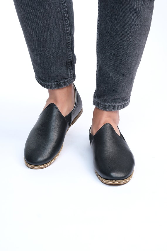 Men's Black Leather Loafers - Handmade Turkish Barefoot Shoes
