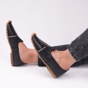 Men's Black Leather Yemeni Loafers – Handmade Turkish Thong Shoes image 5