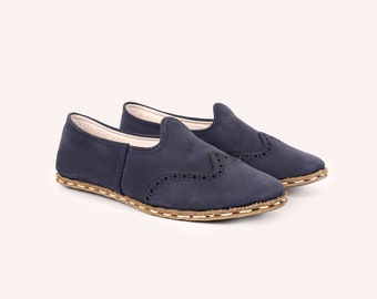 Scarpe yemenite artigianali in nabuk blu navy / Mocassini in pelle da donna