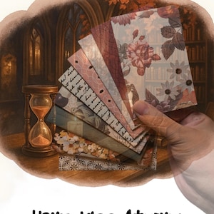 May include: A set of rectangular cards featuring various patterns including floral prints, script text, and geometric designs, fanned out in a hand. The background illustration depicts an hourglass on a wooden table within a library setting. The text Hourglass Atrium is printed below the image.
