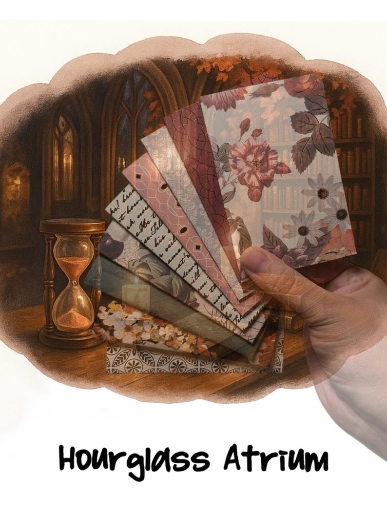 May include: A set of rectangular cards featuring various patterns including floral prints, script text, and geometric designs, fanned out in a hand. The background illustration depicts an hourglass on a wooden table within a library setting. The text Hourglass Atrium is printed below the image.