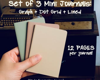 May include: A set of three mini journals in pastel colors: mint green, tan, and beige. The journals are labeled "Graph + Dot Grid + Lined" and have 12 pages each. Text reads "Choose Your Realm Style."