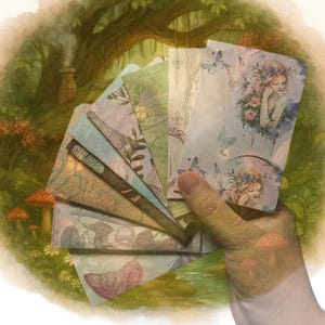 May include: A fan of rectangular paper cards featuring watercolor-style illustrations of fairies, butterflies, and forest elements in soft pastel tones. The cards are layered and fanned out, displaying various intricate nature-themed designs and patterns.