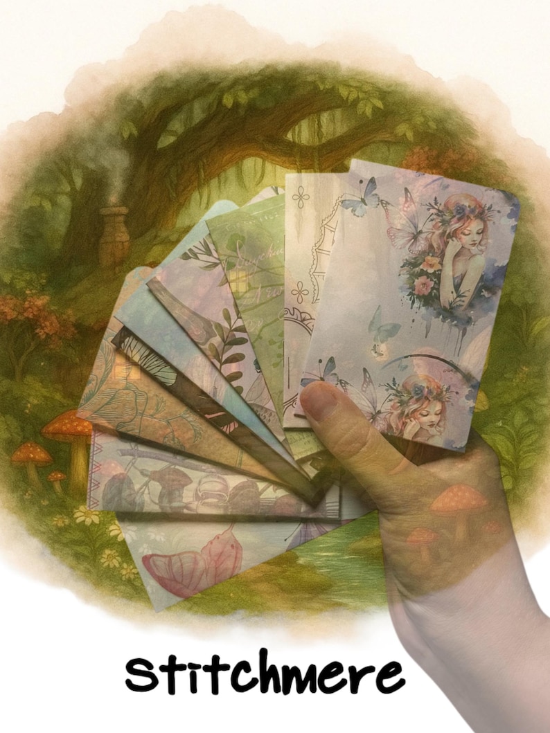 May include: A fan of rectangular paper cards featuring watercolor-style illustrations of fairies, butterflies, and forest elements in soft pastel tones. The cards are layered and fanned out, displaying various intricate nature-themed designs and patterns.