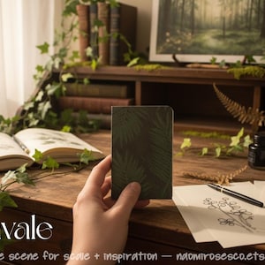 May include: A small rectangular notebook with a dark green cover featuring a repeating fern leaf pattern. The notebook is held upright, displaying its front cover, which has rounded corners and a matte finish, contrasting with the dark green foliage.