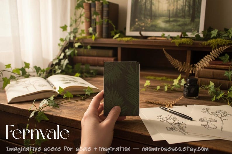 May include: A small rectangular notebook with a dark green cover featuring a repeating fern leaf pattern. The notebook is held upright, displaying its front cover, which has rounded corners and a matte finish, contrasting with the dark green foliage.