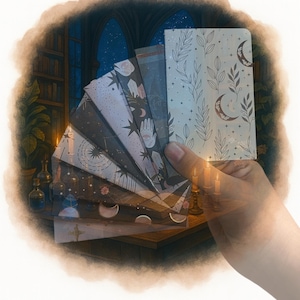 May include: A set of rectangular cards featuring various celestial and botanical illustrations, including moons, stars, leaves, and hands. The cards are arranged in a fan shape, displaying dark and light backgrounds with intricate line art designs.