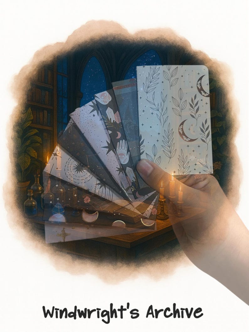 May include: A set of rectangular cards featuring various celestial and botanical illustrations, including moons, stars, leaves, and hands. The cards are arranged in a fan shape, displaying dark and light backgrounds with intricate line art designs.