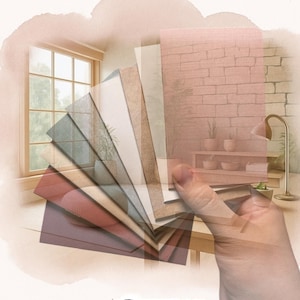 May include: A fan-shaped collection of rectangular swatches in various solid colors including pink, beige, gray, and dark red, layered together. The word Jayne is printed in black, handwritten-style font at the bottom of the image.