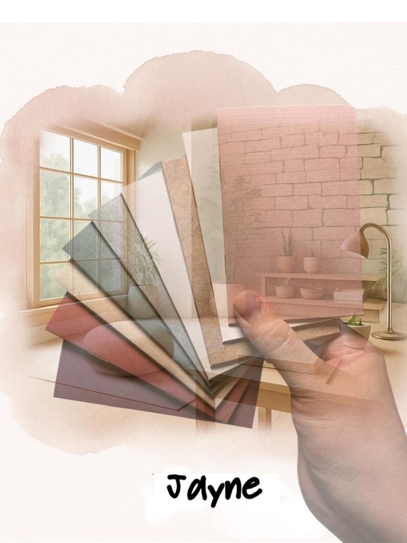 May include: A fan-shaped collection of rectangular swatches in various solid colors including pink, beige, gray, and dark red, layered together. The word Jayne is printed in black, handwritten-style font at the bottom of the image.