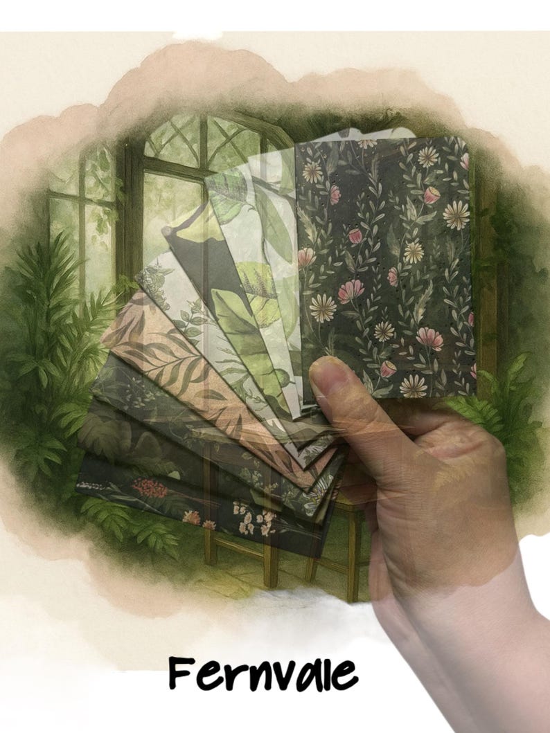 May include: A set of small rectangular paper cards featuring various botanical patterns including dark green foliage, pink flowers, and leafy designs. The cards are fanned out, displaying different prints, with the word Fernvale printed below.