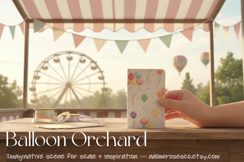 May include: A rectangular notebook featuring a watercolor illustration of colorful balloons in shades of red, yellow, blue, green, and purple against a white background, with thin brown strings extending from each balloon.