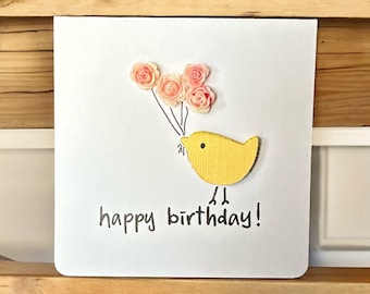 Mini Happy Birthday Card • Handmade Greeting Card • Tiny Bird Holding Flowers • 3D Tiny Flower Resin Cabochons • Mini 3x3 Square Cards 2024