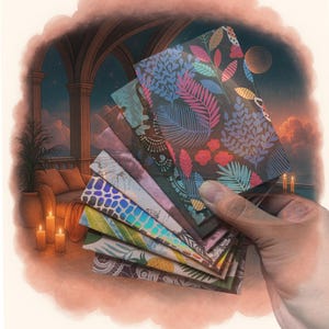 May include: A fan of rectangular cards featuring diverse patterns including botanical leaves, geometric shapes, and abstract designs. The cards are held in a stack against a backdrop of a balcony at sunset with candles and the text Somewhere Else.