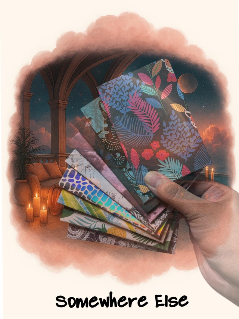 May include: A fan of rectangular cards featuring diverse patterns including botanical leaves, geometric shapes, and abstract designs. The cards are held in a stack against a backdrop of a balcony at sunset with candles and the text Somewhere Else.