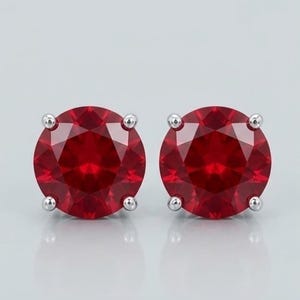 925 Sterling Silver Red Ruby Stud Round Cut Gemstone Earring