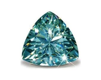 May include: A triangular-cut, teal gemstone with multiple facets. The gem sparkles with light reflections, showcasing its clarity and brilliance. The gemstone is set against a white background, highlighting its color and shape.