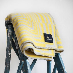 Pure Wool Blanket 130x130 cm ”Obscure Chess” Yellow & Gray. 100% Natural Wool. Warm Luxury Bedspread, Throw Blanket, Bedding, Woven in EU