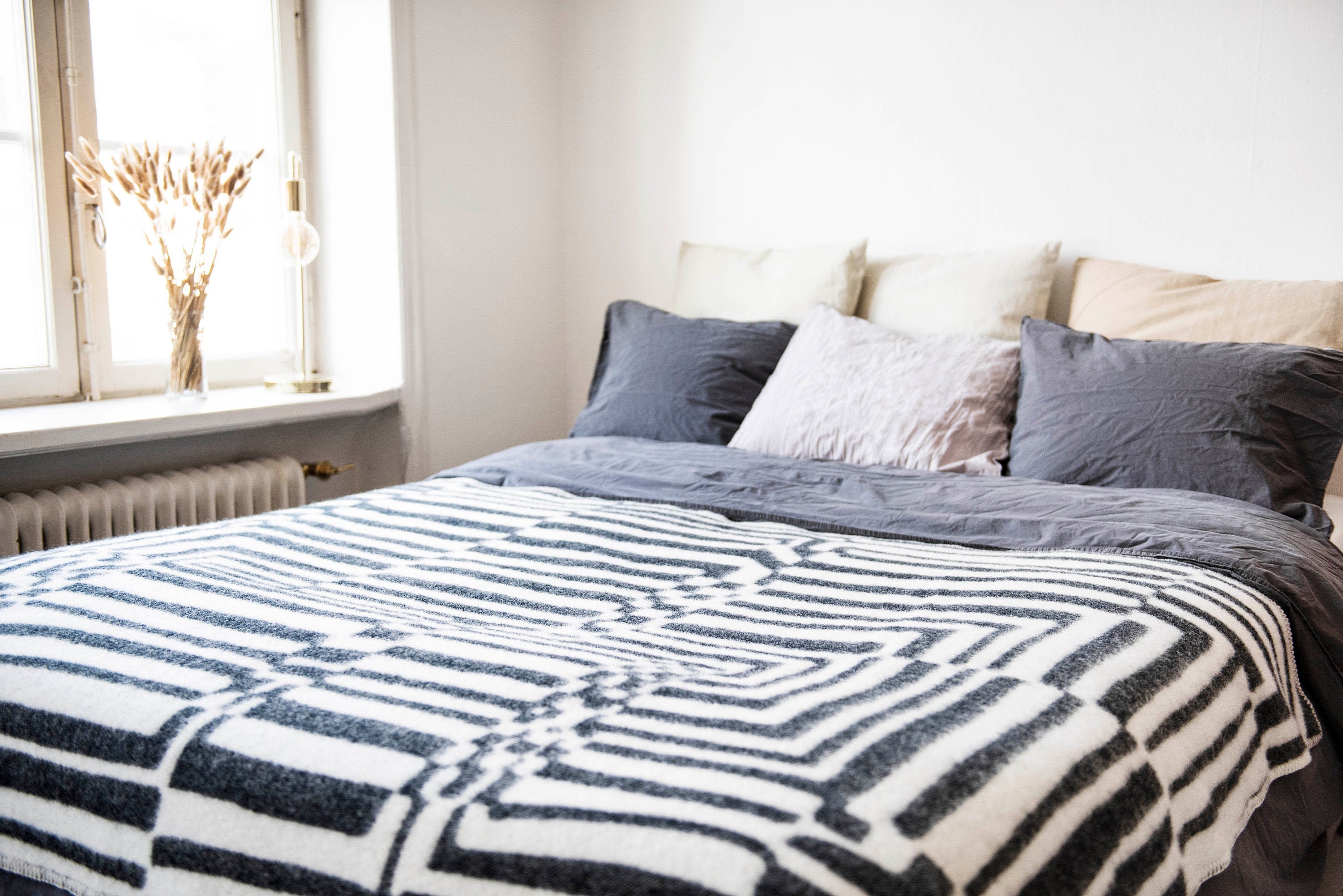 Pure Wool Blanket XL 130x200 cm ”Obscure Chess” Black White Natural Wool. Luxury Bedspread, Throw Blanket, Bedding, Poncho. Woven in EU
