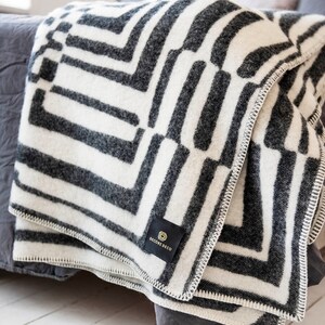 Pure Wool Blanket XL 130x200 cm Obscure Chess Black White Natural Wool. Luxury Bedspread, Throw Blanket, Bedding, Poncho. Woven in EU image 2