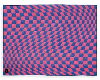 Pure Wool Blanket XL 130x200 cm ”Tivoli Warp Chess” Blue Red. 100% Natural Wool. Luxury Bedspread, Throw Blanket, Bedding, Poncho.