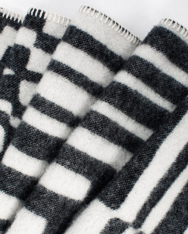 Pure Wool Blanket XL 130x200 cm Obscure Chess Black White Natural Wool. Luxury Bedspread, Throw Blanket, Bedding, Poncho. Woven in EU image 4