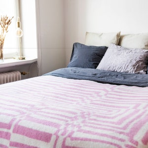 Pure Wool Blanket XL 130x200 cm Obscure Chess Pink. 100% Natural Wool. Warm Luxury Bedspread, Throw Blanket, Bedding, Poncho. Woven in EU image 1