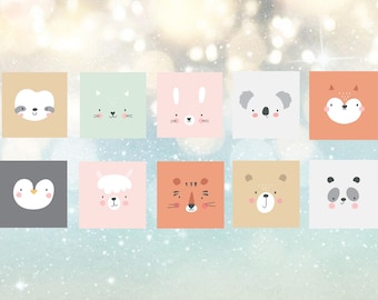 Cute Animal Faces Downloadable Digital Print Bundle of 10 / Printable Nursery Wall Art, New Baby Gift, Nursery Wall Print, Kids Room Decor