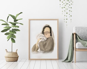 May include: A watercolor painting of a mother holding a baby in her arms. The mother is wearing a brown robe and the baby is wrapped in a white blanket. The painting is framed in a light wood frame.