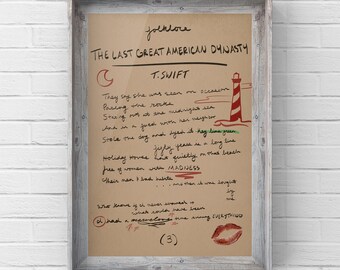 FOLKLORE “The Last Great American Dynasty” Lyrics Print | Taylor Swift Album Printable | Handwritten Lyrics | Digital Download Wall Art