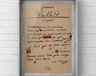 FOLKLORE “Seven” Lyrics Print | Taylor Swift Album Printable | Handwritten Lyrics | Digital Download Wall Art | Bedroom