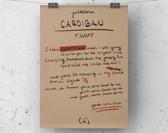 FOLKLORE “Cardigan” Lyrics Print | Taylor Swift Album Printable | Handwritten Lyrics | Digital Download Wall Art | Bedroom