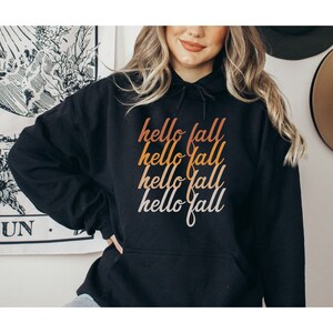 HELLO FALL Hoodie, Fall Hoodie for Thanksgiving, Black Fall Sweatshirt, Retro Fall Outfit for Woman, Pumpkin Season Crewneck Pullover Fall