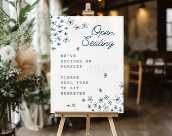 Navy Blue & White Open seating sign, modern diy wedding sign, we've decided on forever feel free to sit wherever, instant download printable