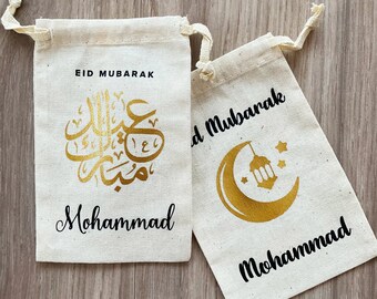 Personalized Ramadan Eid Gift Bags with Name, Eid Gift Pouches for Kids, Ramadan Favor Bags, Gold Foil, Muslim, Islam, Eid Mubarak, Masjid