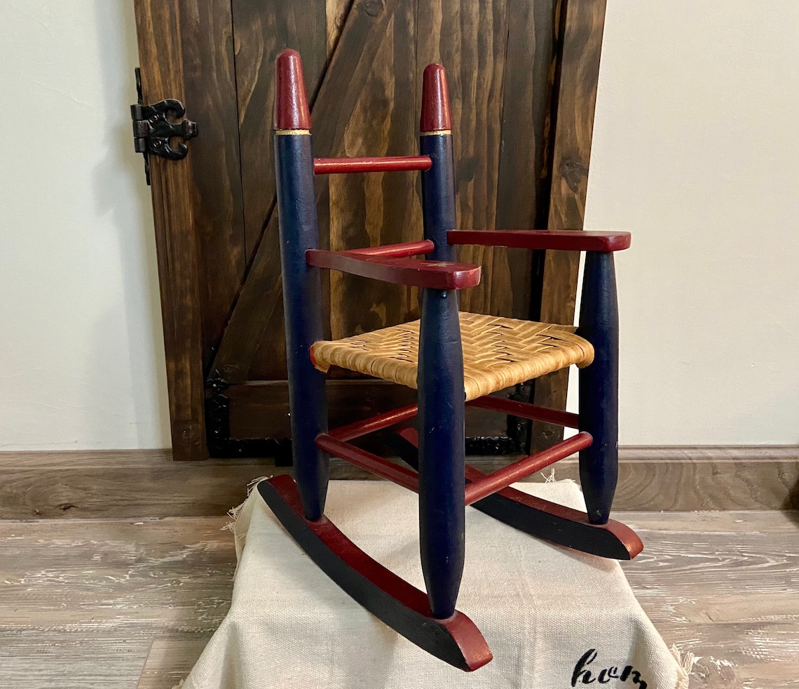 Vintage Toy size rocking chair painted deep red and blue with Etsy