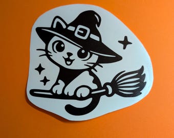 Witch Cat Vinyl Sticker | Cute Halloween Cat Sticker | Witchy Cat Laptop Decal | Cat Lover Gift | Kawaii Cat Sticker | Waterproof Vinyl
